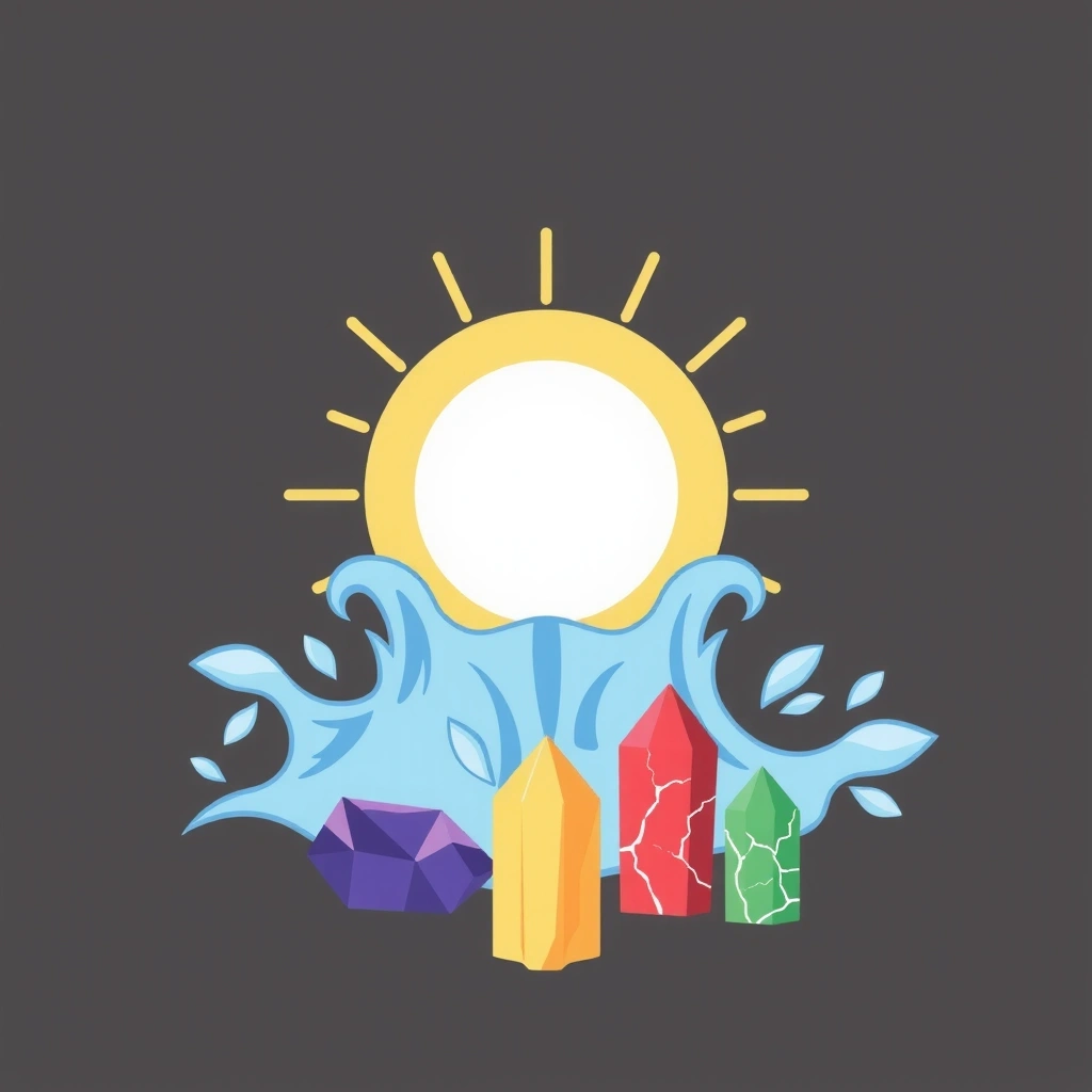 Minerale pentru energie, ilustrație cu simboluri de energie și cristale