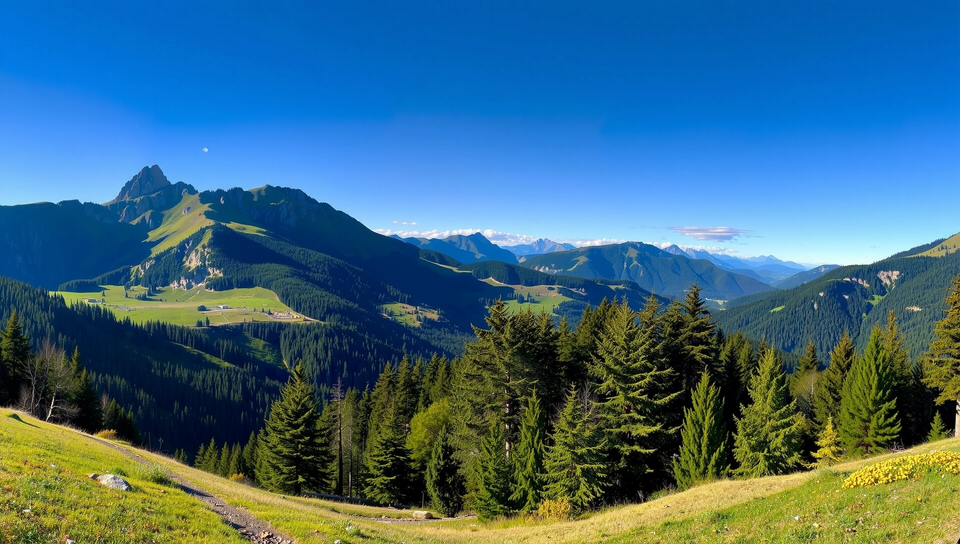 Peisaj montan seren cu păduri verzi și cer senin, simbolizând puritatea naturii