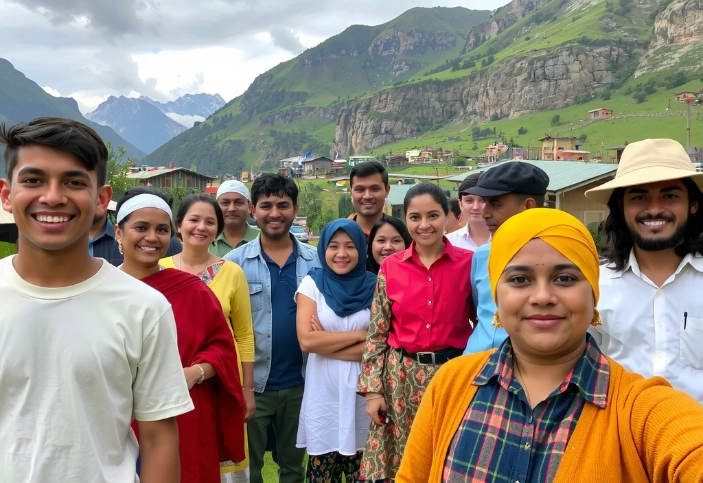 Grup de oameni zâmbitori într-o comunitate rurală, cu peisaj montan